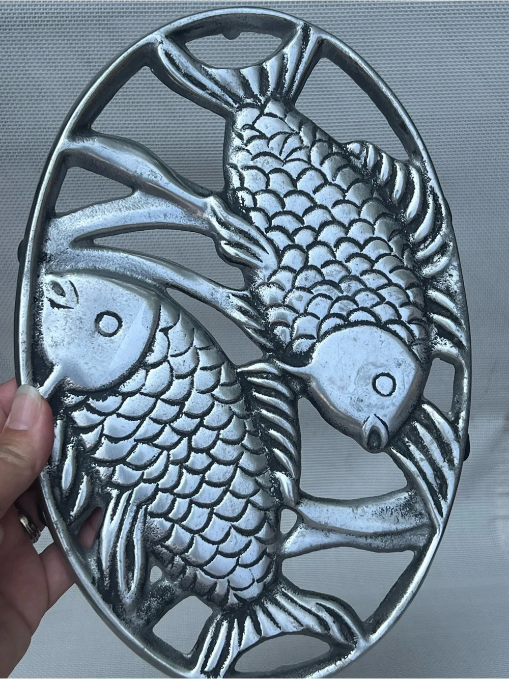 Silver Metal Koi Fish Trivet Hot Plate Coastal Kitchen Decor 11”